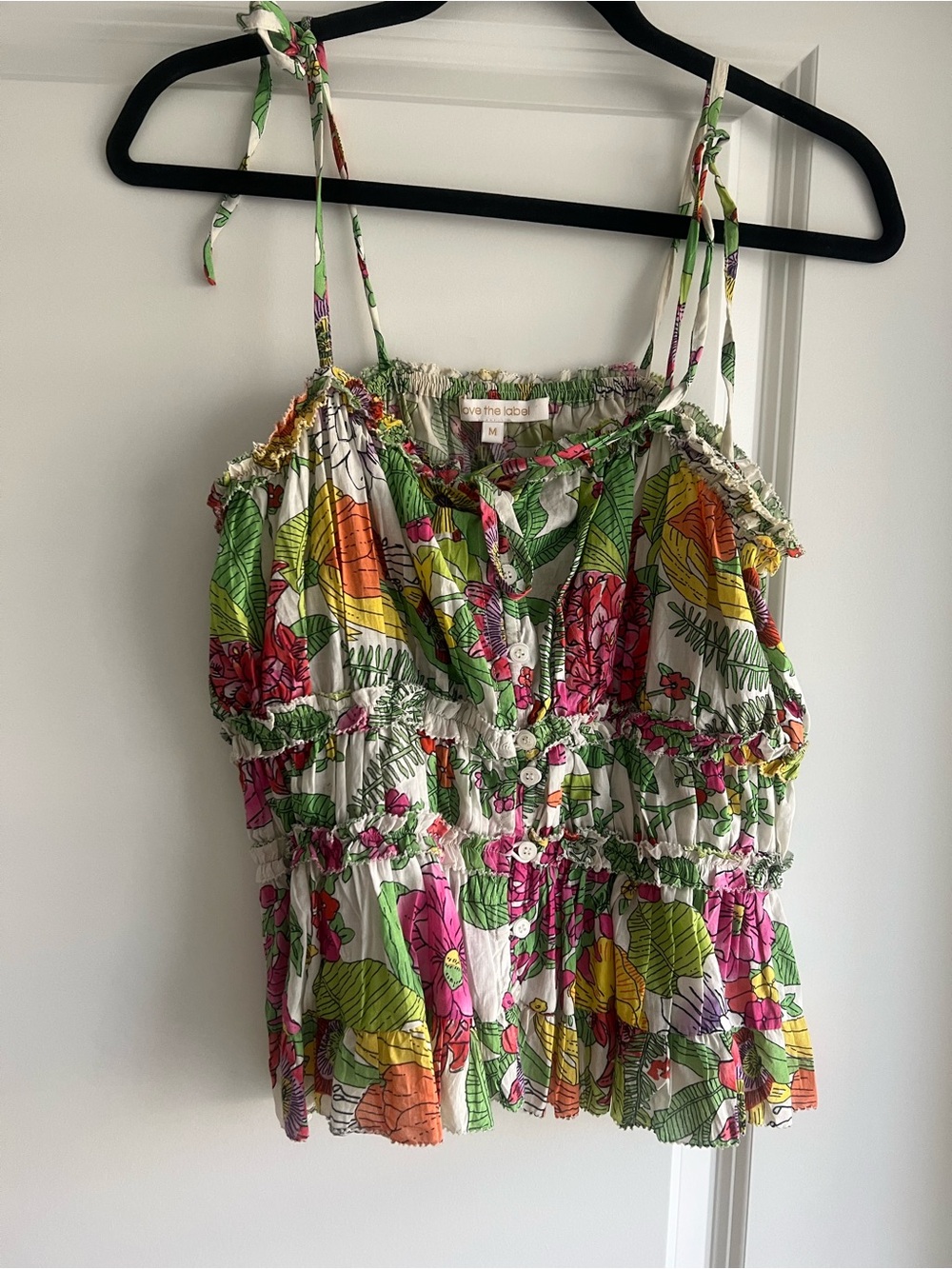 Anthropologie Tropical Floral Smocked Button Front Tank Top - White, Green, Pink